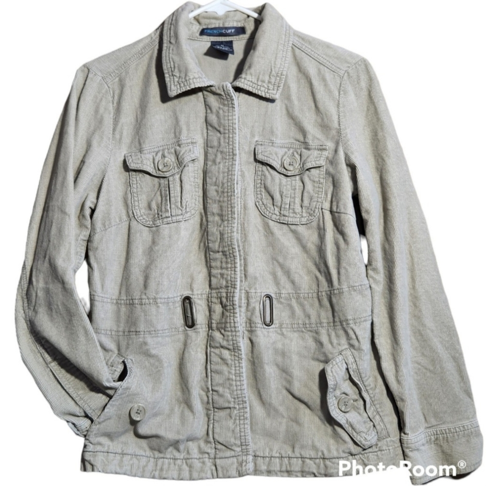 FRENCH CUFF Womens Corduroy Utility Button Down 6 Pocketed Sand/Beige Jacket M